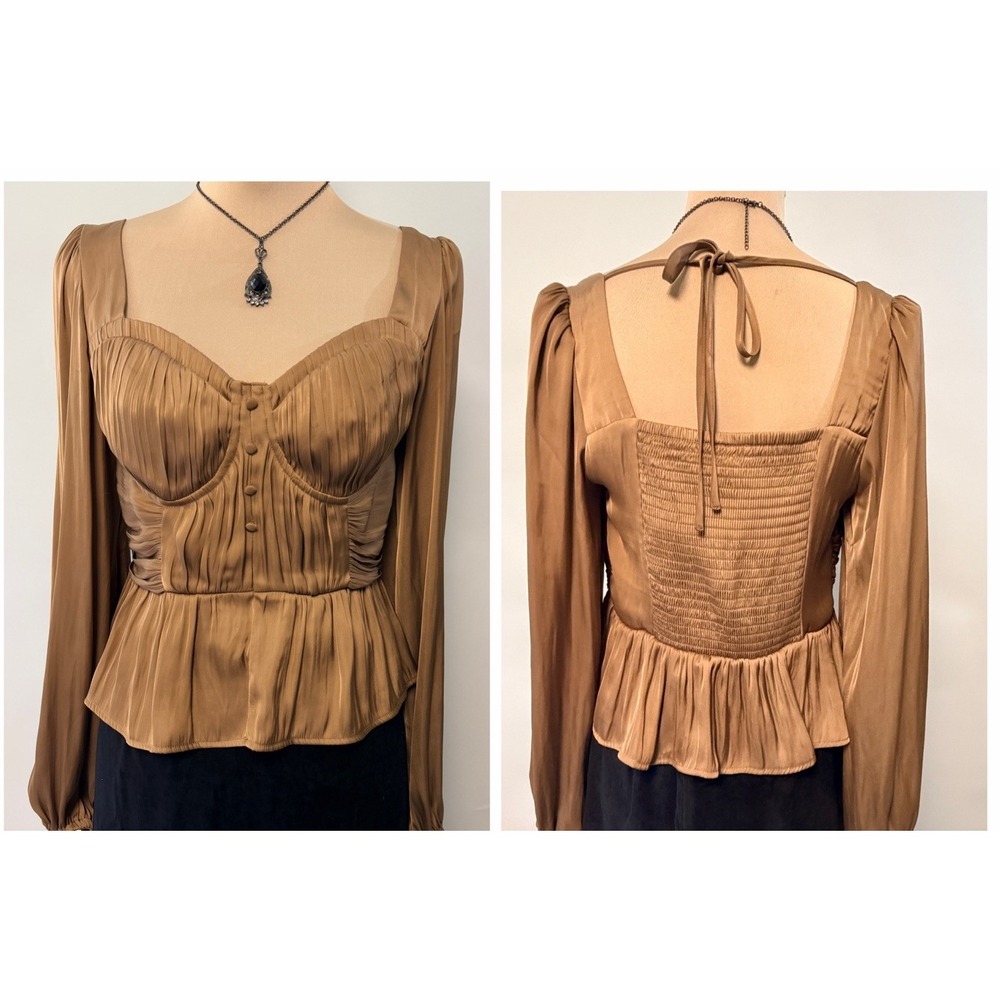 Joie Womens Satin Corset Bustier Top sweetheart neckline pleated Medium Tan Lux
